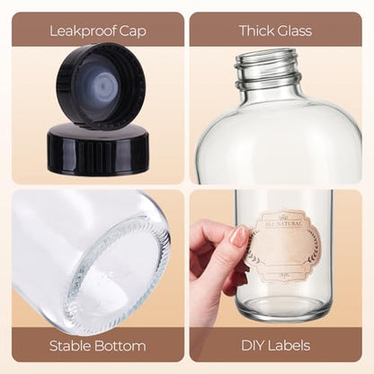 16 OZ Glass Bottles with Lids, 20 Pack Clear Boston Round kombucha Sample Bottles with Black Caps Perfect Glass Containers for Secondary Fermentation,Storing condiment,Homemade Essential Oils,kitchen - color: 20 P Clear
