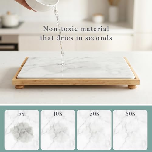 Golener Stone Drying Mat for Kitchen Counter, Dish Drying Pad with Bamboo Rack, Super Absorbent Diatomaceous Earth and Drying Rack, Multi-purpose Quick Drying Mat Rack for Kitchen,Marble White,16”x12”