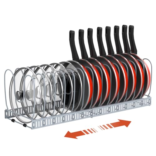 Housolution Pot and Pan Organizer Rack for Cabinet, Upgraded Expandable Pot Lid Organizer with 14 Adjustable Dividers, Pan Holder Storage Rack for Kitchen Cabinet, Grey - color: Grey, size: 14 Dividers