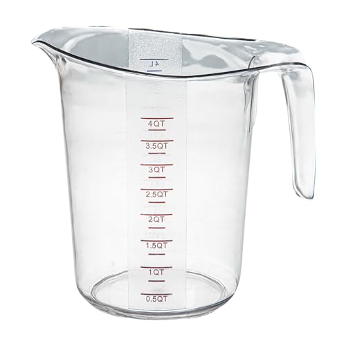 Restaurantware RW Base 4 Quart Measuring Jar 1 Durable Measuring Beaker - Metric And Imperial Units V-Shaped Spout Clear Plastic Measuring Cup Handle With Thumb-Grip Tolerates Up To 248F - color: Clear, size: 9.50" × 7.25" × 9.50"