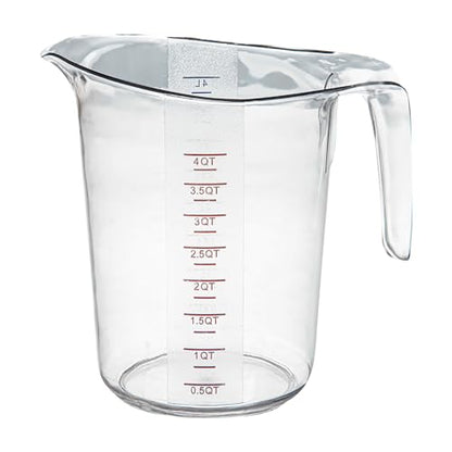Restaurantware RW Base 4 Quart Measuring Jar 1 Durable Measuring Beaker - Metric And Imperial Units V-Shaped Spout Clear Plastic Measuring Cup Handle With Thumb-Grip Tolerates Up To 248F - color: Clear, size: 9.50" × 7.25" × 9.50"