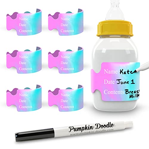 Pumpkin Doodle The Original Write and Reuse Baby Bottle Labels for Daycare - color: Turquoise, Pink & White, size: Standard