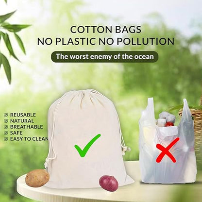 VillageCulture Muslin Drawstring Bags Pack of 12 Pcs Unbleached Reusable bags Favor Pouches for Crafts, Herbs, Gifts & Pantry Storage 10 x 12 inches