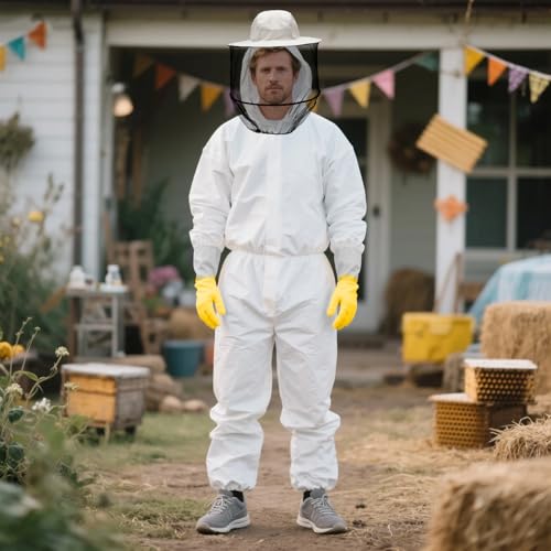 Beekeeper Costume Set - Full Beekeeping Suit with Veil Hat, Gloves, Yellow Bucket, Felt Bees & Adhesive Dots for Halloween - size: 3X-Large
