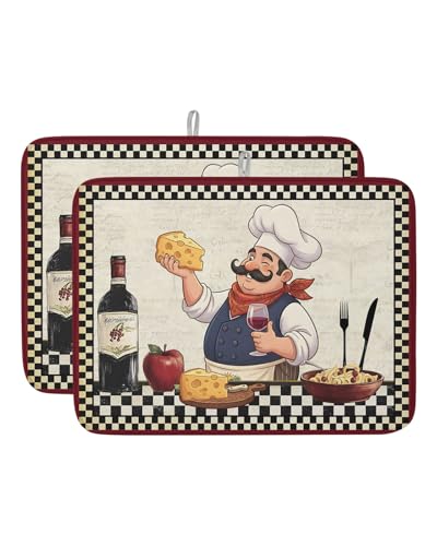 Retro Cartoon Chef Dish Drying Mat 2 Pack, Vintage Wine Cheese Farmhouse Traditional Black Plaid Absorbent Heat Insulating Kitchen Drying Pad Drainer Mats for Sink Counter Pot Dishes 18 X 24 Inch - size: 2PCS 18 x 24 inch