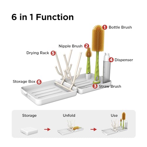 YOTIME Travel Bottle Brush, Travel Bottle Cleaner Kit with Foldable Bottle Drying Rack, for Visit Friends and Relations, Baby Travel Essentials, BPA Free, White - color: White