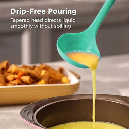 Kitchen Mama DuoEssentials Ladle & Cooking Spoon Set, Teal | Silicone, Heat Resistant, One-Piece Design, For Nonstick Cookware, For Soup, Stirring, Serving & Sauteing - color: Teal