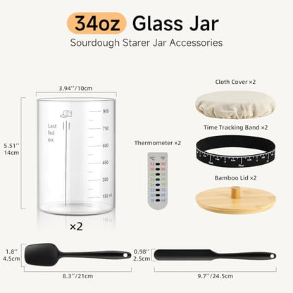 HomeFeel Premium Sourdough Starter Jar - 34 Oz Large Glass Jar with Bamboo Lid, Cloth Cover, Date Tracker, Thermometer and Scraper, Stylish Design and Wide Mouth Starter Kit (2 Pack) - size: 34 Oz