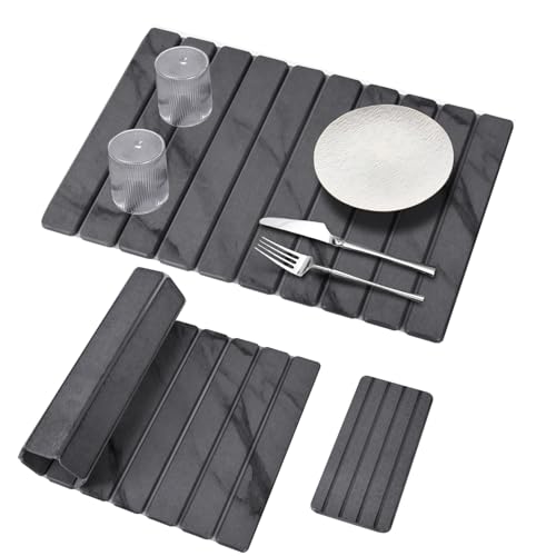 2 PCS Large Stone Dish Drying Mat for Kitchen Counter, 24"×16" Grey Marble Dish Drying Mat with 8"x 4" Coasters, Non - Slip Collapsible Absorbent Stone Dish Drying Mat for Multi - Purpose - color: Gray Marble, size: 24" x 16"