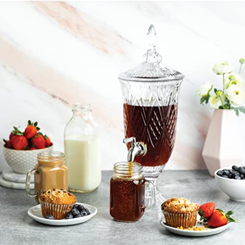 2 Liter Glass Beverage Dispenser with Stainless Steel Spigot on Glass Pedestal, Decorative Mason Drink Dispenser for BBQ, Picnic, Pool Party, and Social Events