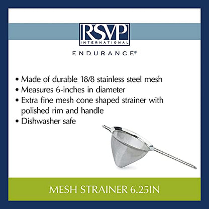RSVP International Endurance Kitchen Collection, Stainless Steel Fine Mesh Conical Sieve/Colander, Multi-Purpose for Cooking, Baking, Loose Leaf Tea, Bar Strainer Cocktails, 6.25-Inch - size: 6-1/4-Inch