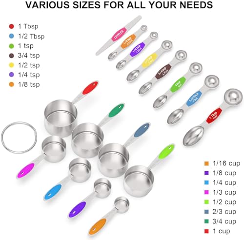 Wildone Measuring Cups and Magnetic Measuring Spoons Set, 16Pcs | 8 Stainless Measuring Cups, 7 Double-sided Magnetic Measuring Spoons & leveler for Spice Jar and Liquid Measuring, Multicolor - color: Multicolor