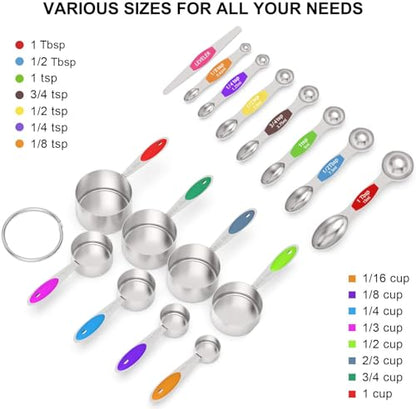 Wildone Measuring Cups and Magnetic Measuring Spoons Set, 16Pcs | 8 Stainless Measuring Cups, 7 Double-sided Magnetic Measuring Spoons & leveler for Spice Jar and Liquid Measuring, Multicolor - color: Multicolor