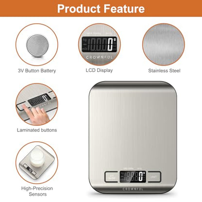 CROWNFUL Food Scale, 11 lb Digital Kitchen Scales with Built-in Coin Battery, Weight Ounces and Grams for Cooking and Baking, 6 Units with Tare Function, LCD Display, 304 Stainless Steel - size: Medium