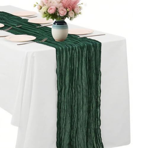 Blackish Green Cheesecloth Table Runner -21*120Inch Long Boho Wedding Table Decor, Rustic Gauze Fabric Runner for Bridal Showers, Baby Showers & Parties (Sheer, Lightweight, Wrinkled Design) - color: Blackish Green, size: 120*21-1pack