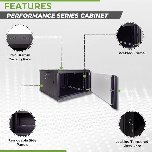 NavePoint 6U Server Cabinet Wall Mount Rack Enclosure Includes 2 Fans, Locking Glass Door, Removable Side Panels – 6U Network Cabinet 23.6” Deep, 19 Inch Server Rack for IT and A/V Equipment - size: 6U - 600mm Depth