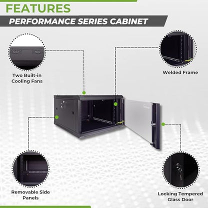 NavePoint 6U Server Cabinet Wall Mount Rack Enclosure Includes 2 Fans, Locking Glass Door, Removable Side Panels – 6U Network Cabinet 23.6” Deep, 19 Inch Server Rack for IT and A/V Equipment - size: 6U - 600mm Depth