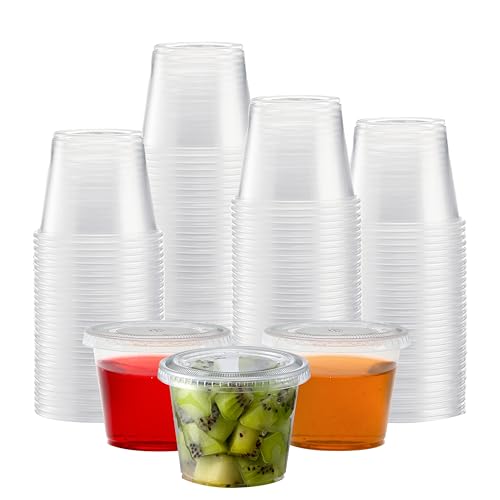 TashiBox Plastic Portion Cups with Lids [5.5 oz-100 Sets] Souffle Cups, Jello Shot Cups, Condiment Sauce Containers For Sampling, Sauce, Snack or Dressing - size: 5.5oz-100Sets