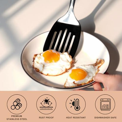 Black 3 Piece Stainless Steel Cooking Utensils Set, Metal Slotted Spoon, Slotted Turner Spatula and Skimmer Set for Frying, Serving, Dishwasher Safe - color: Z-Black Cooking Utensils