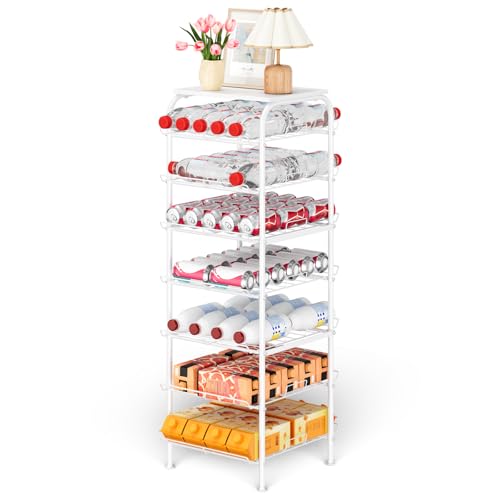 smusei Water Bottle Organizer 7 Tier Free Standing Bottled Water Storage Rack Metal Wire Water Bottle Holder Rack Large Capacity Soda Beverage Drink Stand Shelf for Pantry Kitchen Office, White - color: White, size: 7 Tier