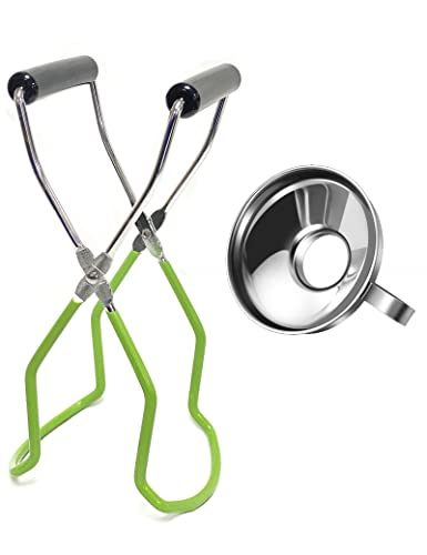 2 Pieces Stainless Steel Canning Jar Lifter Tongs and Canning Funnel with Safe and Secure Grip for Wide Mouth and Regular Jars, Easy to clean and Dishwasher safe - color: Green