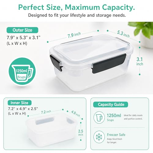 YORY 5cup Plastic Food Storage Containers With Lids For Lunch Meal Prep,5pk | BPA free,Stackable and Nestable,Snaplock Lid ,Freezer Dishwasher Microwave Safe - size: 5 cups