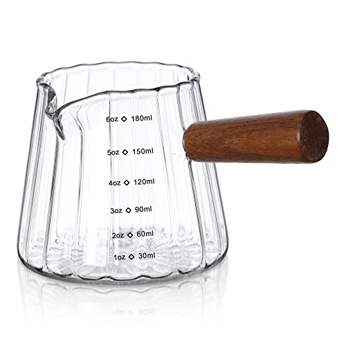 Joeyan 6 oz Glass Measuring Cups with Spout,Borosilicate Glass Triple Pitcher with Scale,Origami Style Espresso Shot Glasses with Wood Handle for Coffee Milk,Dishwasher Safe - color: 6 Oz Single Spout Clear Measuring Cup