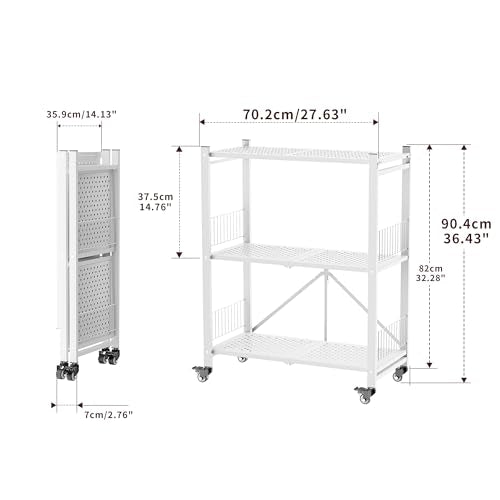 Folding Storage Shelves No Assembly, 3 Tier Foldable Shelves with Wheels, Collapsible Rolling Storage Rack for Pantry Laundry Room Small Spaces, White - color: White/3-tier