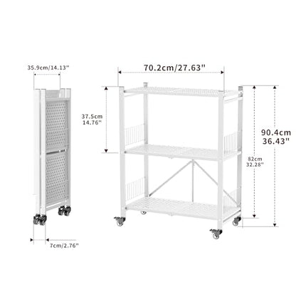 Folding Storage Shelves No Assembly, 3 Tier Foldable Shelves with Wheels, Collapsible Rolling Storage Rack for Pantry Laundry Room Small Spaces, White - color: White/3-tier