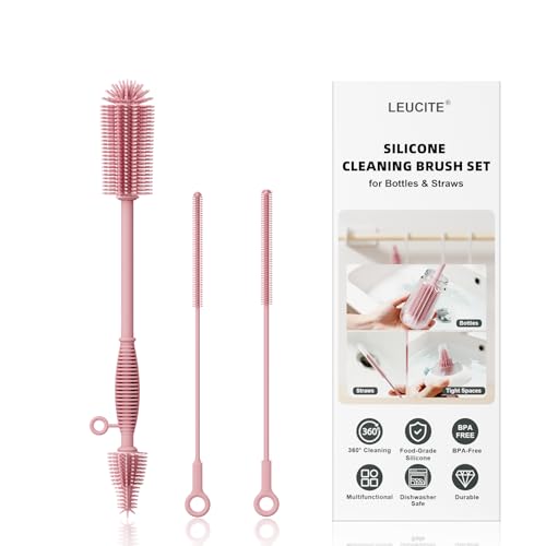 Silicone Cleaning Brush Kit,Water Bottle and Straw Cleaner Brush Set for Tumbler,Baby Bottle,Breast Pump Part,Nipple,Sippy Cup,Glass,Dishwasher Safe,BPA Free,3 Pcs - color: Pink
