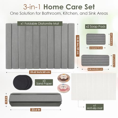 Large Stone Dish Drying Mat for Kitchen Counter, Foldable Quick Dry Stone Dish Mat, Diatomaceous Earth Water Absorbing Pad for Plate Utensils Rack Bottles, Any Countertop (Dark Gray 24"×16" & 2*8"x4") - color: Dark Gray