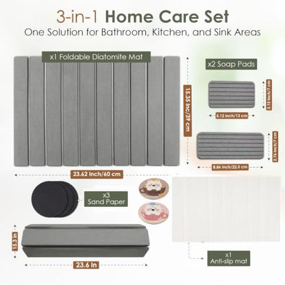 Large Stone Dish Drying Mat for Kitchen Counter, Foldable Quick Dry Stone Dish Mat, Diatomaceous Earth Water Absorbing Pad for Plate Utensils Rack Bottles, Any Countertop (Dark Gray 24"×16" & 2*8"x4") - color: Dark Gray