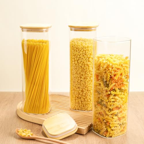 Glass Spaghetti Pasta Storage Container - 3 Pack 2.5 QT Airtight Food Storage Jar Set with Bamboo Lid Labels -Tall Square Kitchen Pantry Canister Organizers for Noodle Cookies Flour Cereal Coffee Bean - size: 82oz*3