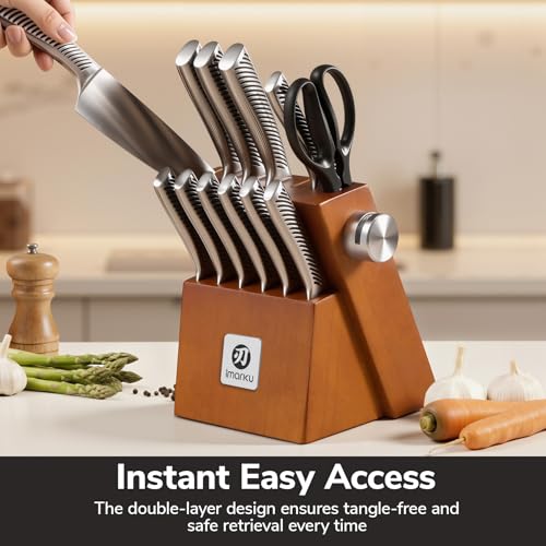 imarku 14-Piece Knife Set, Japanese Stainless Steel Knives Set for Kitchen, Full-Tang Gyutou Knife Sets with Block and Build-in Sharpener, Brown, Dishwasher Safe, House Warming Gifts for Men - color: Light Brown