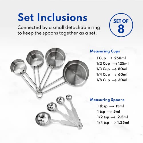 New Star Foodservice 42917 Stainless Steel Measuring Cups and Spoons Set, 8-Piece Metal Measuring Set for Baking, Cooking, Dry and Liquid Ingredients, Restaurant Grade, Silver - color: Silver, size: 8-Piece Set