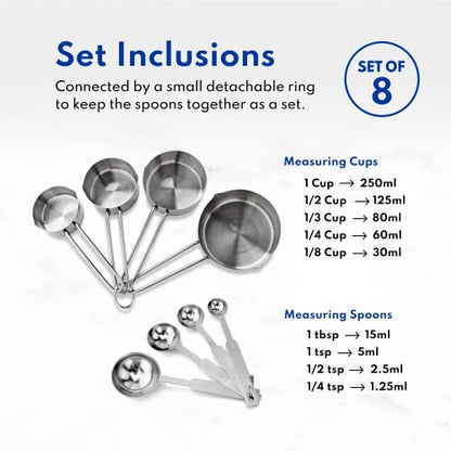 New Star Foodservice 42917 Stainless Steel Measuring Cups and Spoons Set, 8-Piece Metal Measuring Set for Baking, Cooking, Dry and Liquid Ingredients, Restaurant Grade, Silver - color: Silver, size: 8-Piece Set