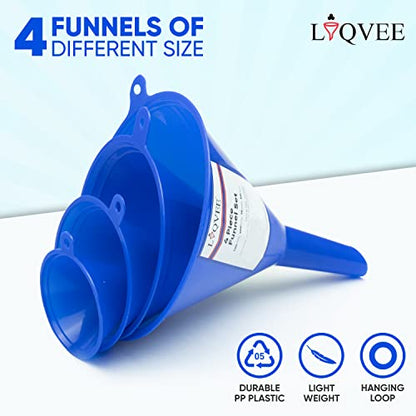LIQVEE™ Funnel 4-Pack Funnels for Kitchen Use Filling Bottles - Food-Grade Plastic, Funnels for Automotive Use, Mess-Free Filling, funnels for Filling Bottles, Sizes (122, 101, 76 & 50mm)
