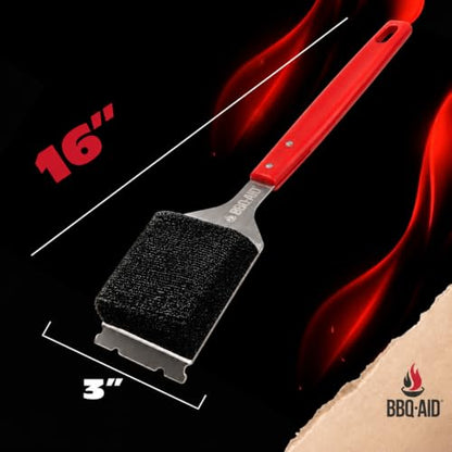 Bristle Free Grill Brush Cleaner and Scraper for Barbecue, Replaceable Head | Safe Bristle-Free Stainless Steel Scrub Pad with Heavy-Duty Scraper & Long Red Handle, Safe on Any Grill Grate - color: Red