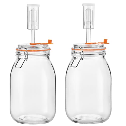 1.8L Wide Mouth Fermentation Jars with Airlocks, 2-Pack | Wide-Mouth Glass Jars with Self-Burping Airlocks for Sauerkraut, Kimchi, Pickles, Mead, Cider and Other Homemade Ferments