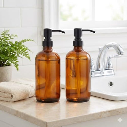 2 Pack Thick Amber Glass Pint Jar Soap Dispenser with Matte Black Stainless Steel Pump, 16ounce Boston Round Bottles Dispenser with Rustproof Pump for Essential Oil, Lotion Soap | Stainless Steel Pumps, Refillable Bottles, For Kitchen & Bathroom - color: