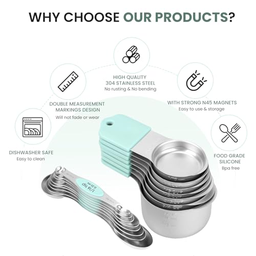 Magnetic Measuring Cups and Spoons Set-Heavy Duty 304 Stainless Steel，Double Measurement Markings，Set of 16 with Leveler for Measure Dry and Liquid Ingredients (Mint) - color: Mint