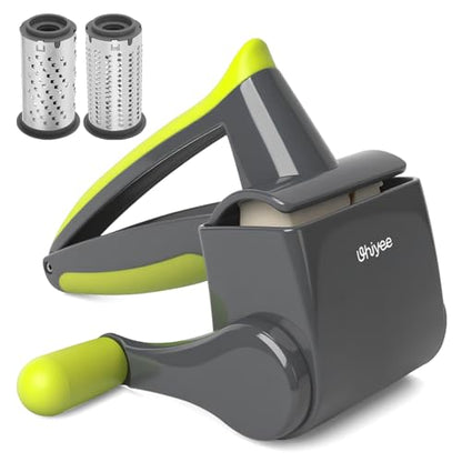 UHIYEE Patented Rotary Parmesan Cheese Grater, Hand Crank Cheese Shredder with Fine & Coarse Drums, Restaurant Quality, White, Stainless Steel & ABS, Dishwasher Safe, Gray Green - color: Gray