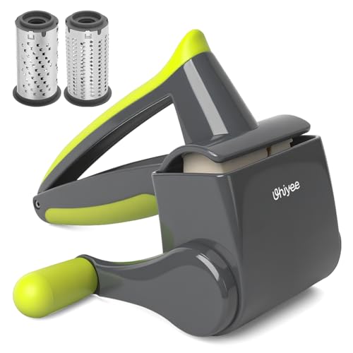 UHIYEE Patented Rotary Parmesan Cheese Grater, Hand Crank Cheese Shredder with Fine & Coarse Drums, Restaurant Quality, White, Stainless Steel & ABS, Dishwasher Safe, Gray Green - color: Gray