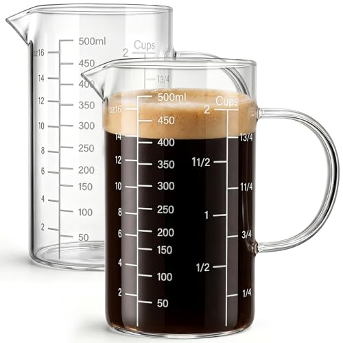 2 Pack Glass Measuring Cup, 500ML 2 CUP High Borosilicate Liquid Measuring Cup with 3 Scales (OZ, Cup, ML/CC), Glass Beaker with Handle and V-Shaped Spout for Kitchen Restaurant, Easy to Read