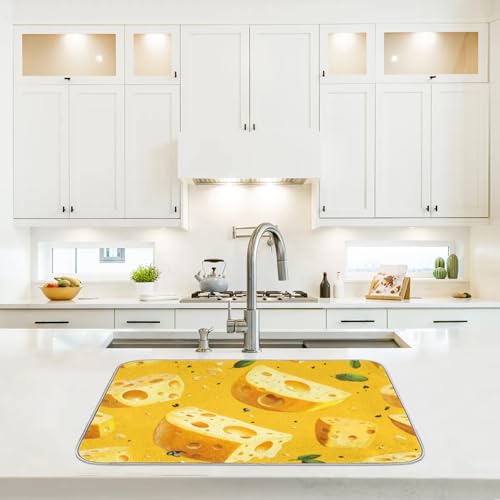 Cheese Dish Drying Mat for Kitchen Counter Yellow Cheese Absorbent Drainer Mats Microfiber Dish Dry Pad Washable Coffee Bar Decor 16x18 Inch - size: 16" x 18"