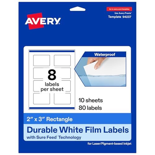 Avery Printable Durable White Rectangle Labels, Sure Feed Technology, 2" x 3", Print-to-the-Edge, Waterproof Labels, Laser & Pigment-Based Inkjet Compatible, 80 Total - style: 80 labels