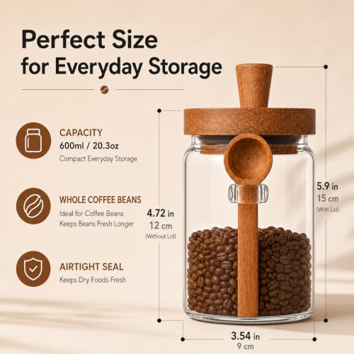 ANSQU Set of 2 Glass Coffee Canisters, 20.3 oz Jar with Spoon | Coffee Bar Organizer, Coffee Jar with Wooden Lid, Coffee Grounds Container - size: 20.3oz-2pack (φ3.54")