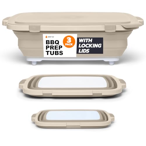 Drip EZ Collapsible BBQ Prep Tubs 3-Piece Set - For Meal Prep Marinating Food Storage - Includes Cutting Board & Lid - (1) JR + (1) OG + (1) XL - Sandstone - color: Sandstone