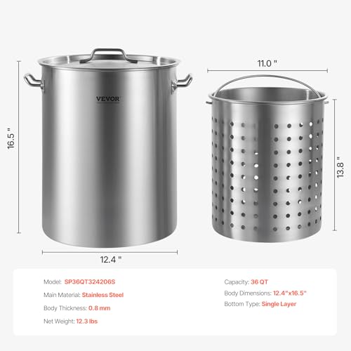 VEVOR Stainless Steel Stockpot, 36 Quart Cooking Pots, Cookware Sauce Pot with Basket, Lid, and Handle, Heavy Duty Commercial Grade Stock Pot, Sanding Treatment, for Steaming Boiling or Frying Silver - size: 35.9 Quarts
