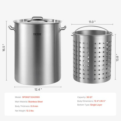 VEVOR Stainless Steel Stockpot, 36 Quart Cooking Pots, Cookware Sauce Pot with Basket, Lid, and Handle, Heavy Duty Commercial Grade Stock Pot, Sanding Treatment, for Steaming Boiling or Frying Silver - size: 35.9 Quarts